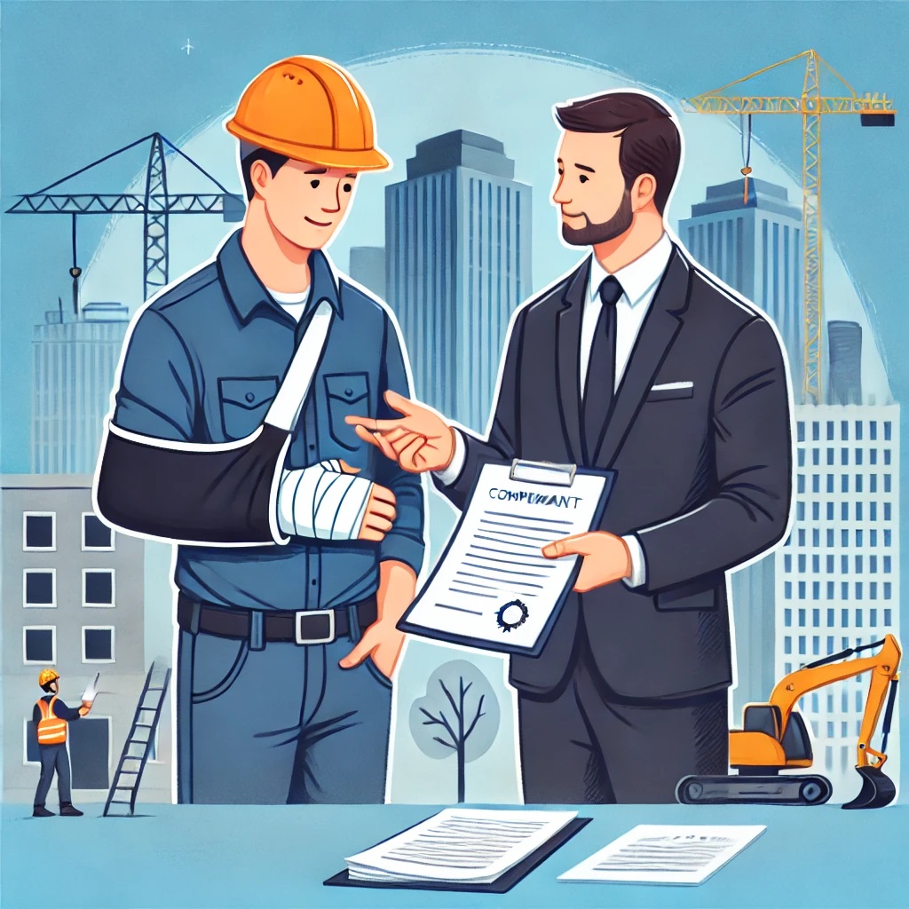 It visually represents the supportive relationship between an injured worker and a workers' compensation lawyer, capturing the essence of teamwork and assistance.