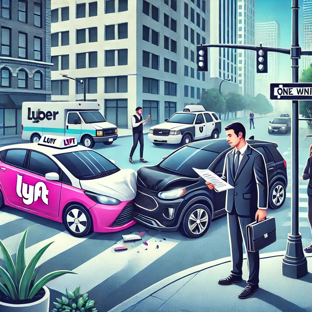 Here's the digital illustration depicting a busy urban street scene with a minor accident involving rideshare vehicles. This image includes both a Lyft and an Uber car involved in a slight collision, with a professional lawyer discussing with a client nearby. This visual could be a great addition to your blog post about Lyft and Uber accidents.