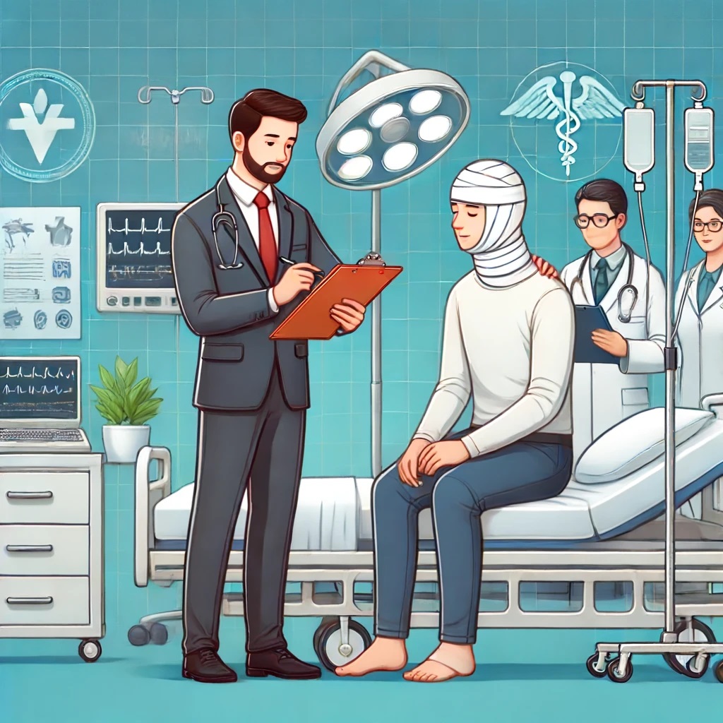 It visually represents the assistance a personal injury attorney provides to someone with a brain injury in a medical setting. Feel free to use it to enhance your content.