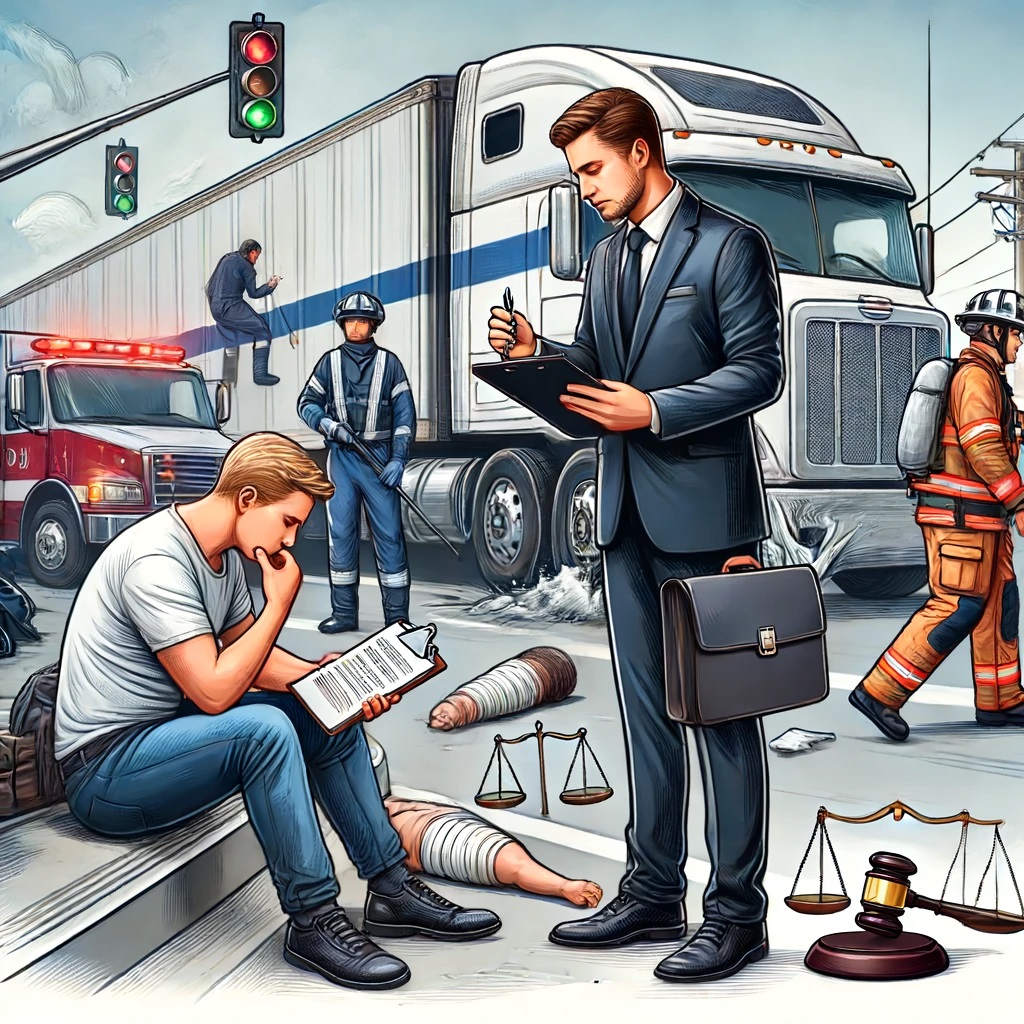 It visually represents the assistance a trucking accident lawyer provides to an injured person at the scene of a trucking accident. Feel free to use it to enhance your content.