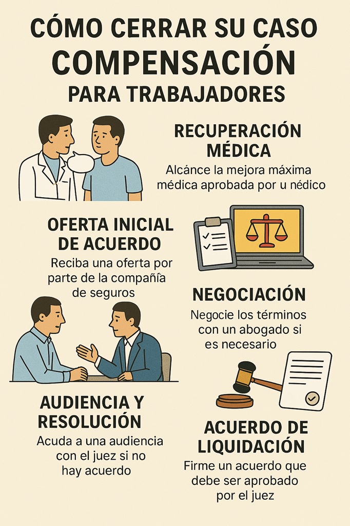 Infografía en español titulada 'Cómo Cerrar su Caso de Compensación para Trabajadores', que muestra paso a paso el proceso para cerrar un caso de compensación laboral, incluyendo recuperación médica, evaluación de discapacidad, negociación de acuerdo, aprobación del juez y posibles pagos futuros.